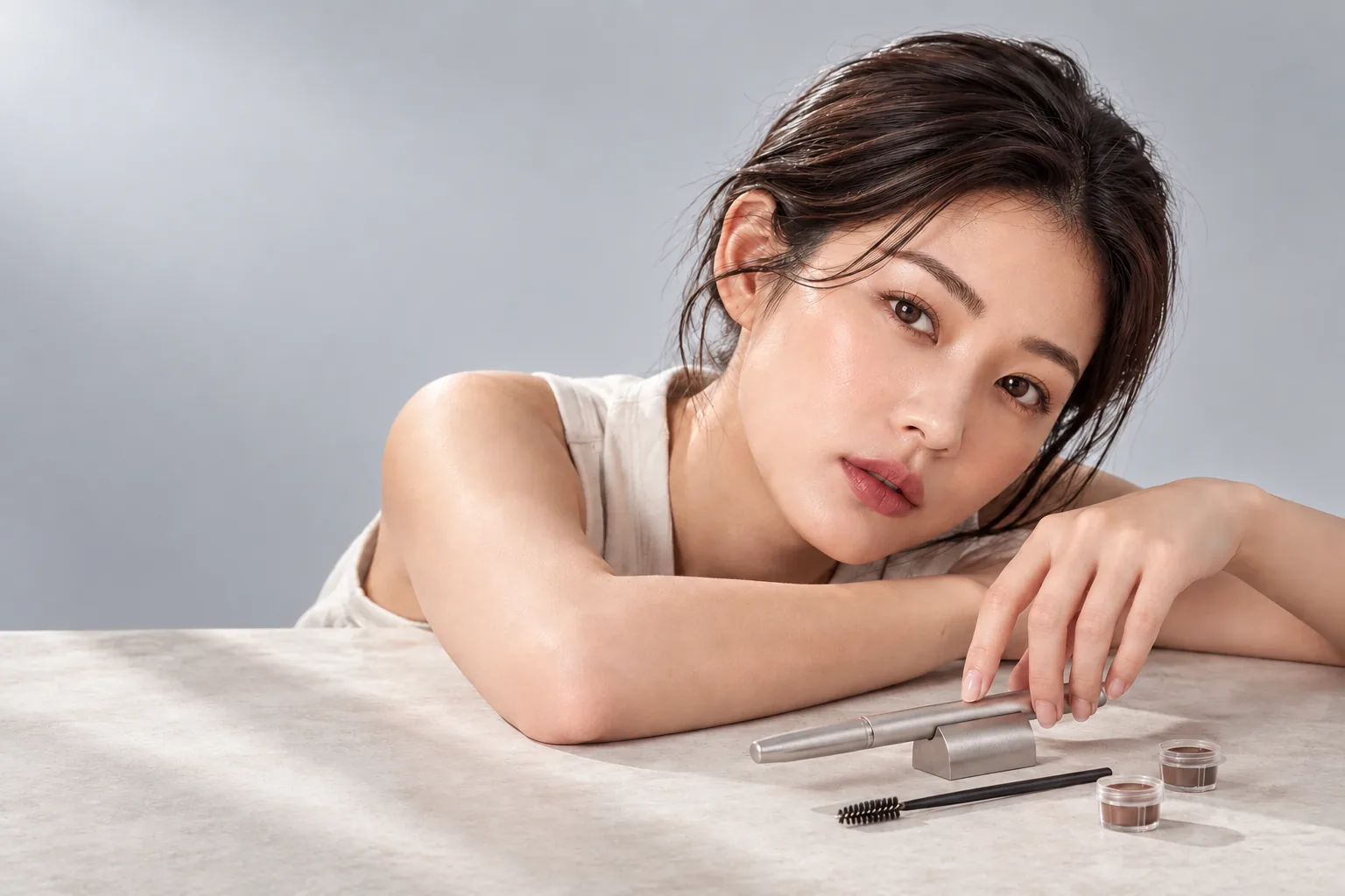 模特兒倚在檯邊,眉型與膚色自然